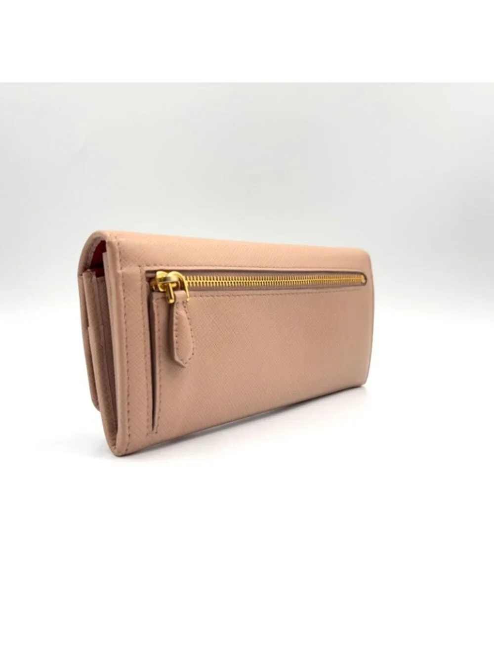 Prada Saffiano Metal Bifold Leather Pink Beige Wallet Gold